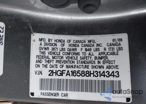 2008 Honda Civic Lx из США, поврежденный, VIN 2HGFA16588H314343